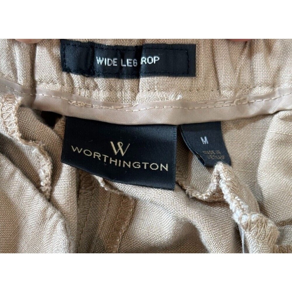 Linen Wide Leg Crop Pants Beige High Rise Summer Minimalist Women M - Picture 4 of 7